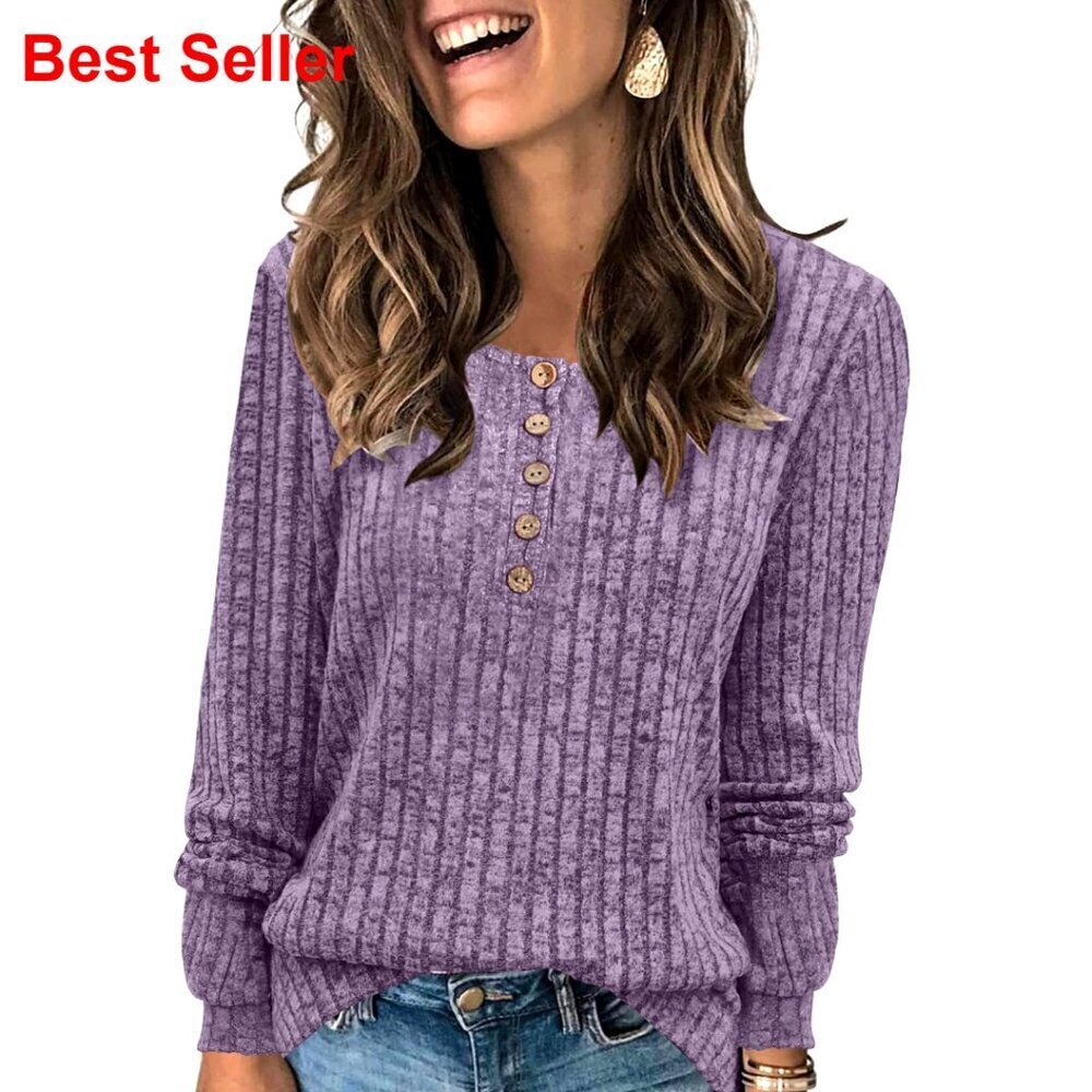 Lightweight Long Sleeve Henley Tunic Sweater, Fall Casual Crewneck Top